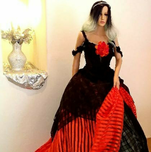 DRUNELLA Goth Black & Orange Wedding Ballgown Set - Picture 1 of 7